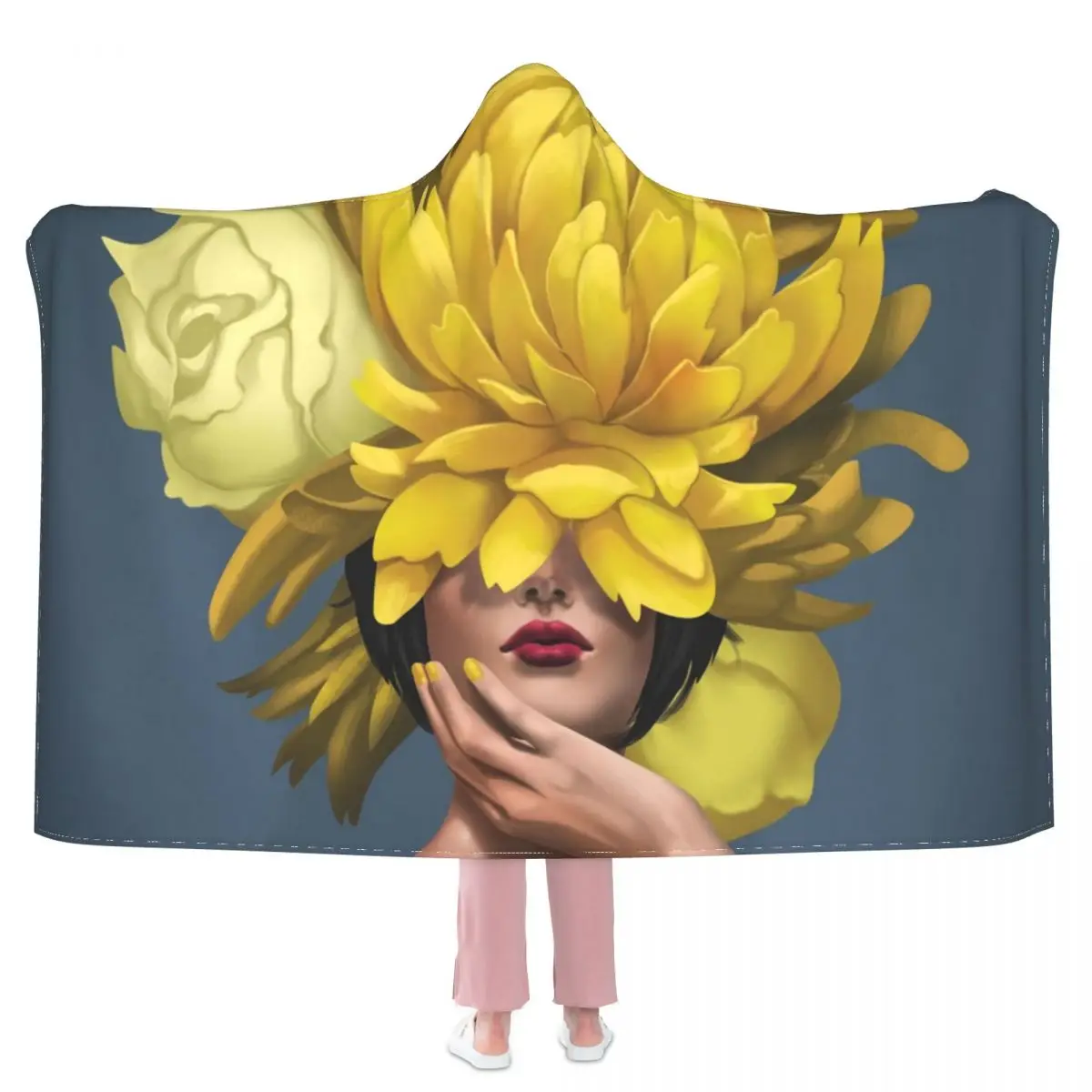 

Women Head Yellow Flower Blanket Bouquet Woman Summer Soft Hooded Blanket Cheap Aesthetic Fleece Bedspread