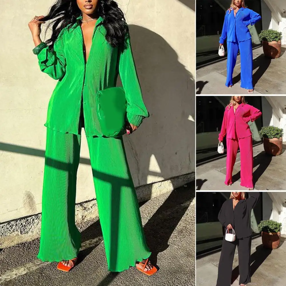 

Fashion Women's Shirt Trousers Two Piece Sets 1 Set Women Shirt Trousers Solid Color Pleated Vintage Single Breasted Wavy Edge O