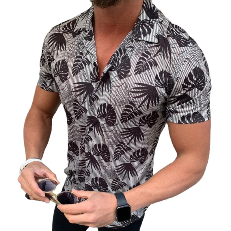 Men's Shirt Summer Fashion Slim Print Cardigan Turn-down Collar Shirt Men's Casual Single Breasted Short Sleeve Shirt Top