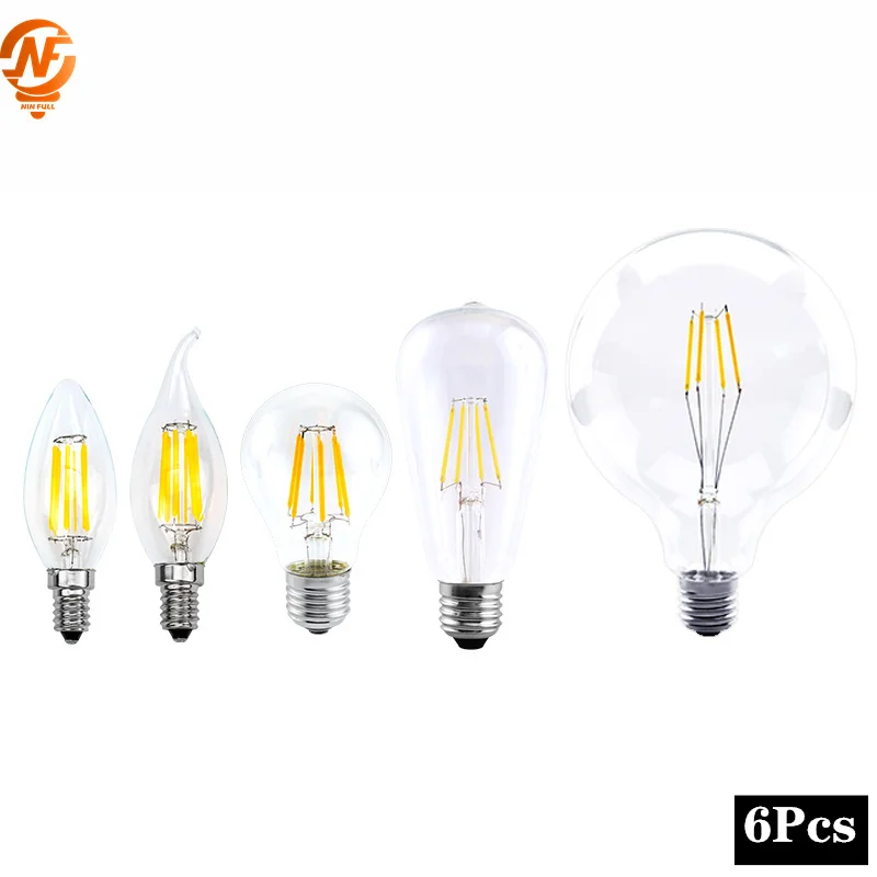 6pcs/lot LED Edison Bulb E27 G45 A60 G80 G95 LED Bulb E14 C35 C35L Filament Light 220V 2W 4W 6W 8W Retro Vintage Glass Bulb Lamp