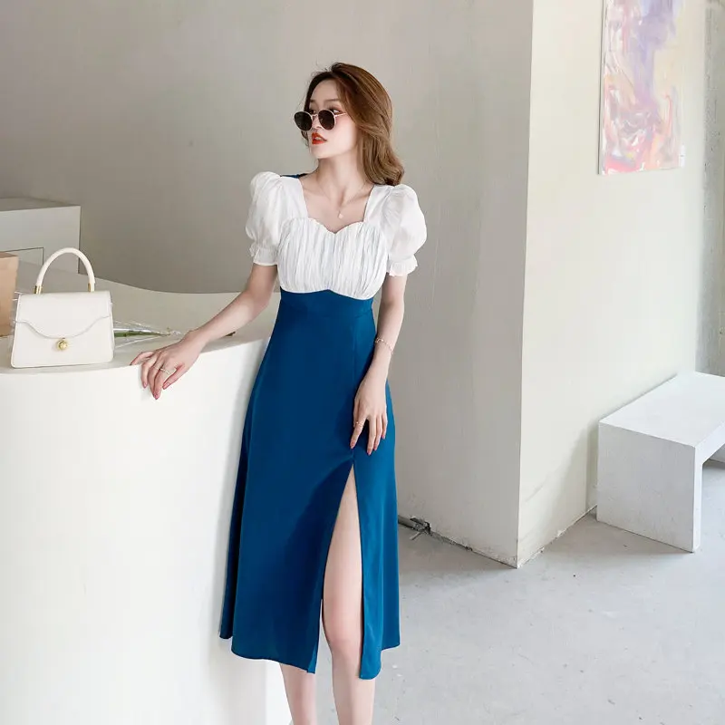 

Fashion Summer French Vintage Women Casual Vestidos Square Collar Puff Sleeve Bodycon Highwaist Ruched Side Spilt Packwork Dress