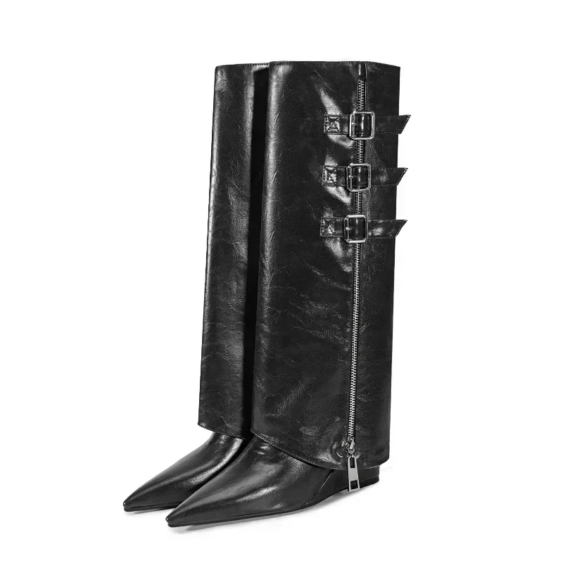 Женские зимние сапоги до колена на высоком каблуке с острым носком