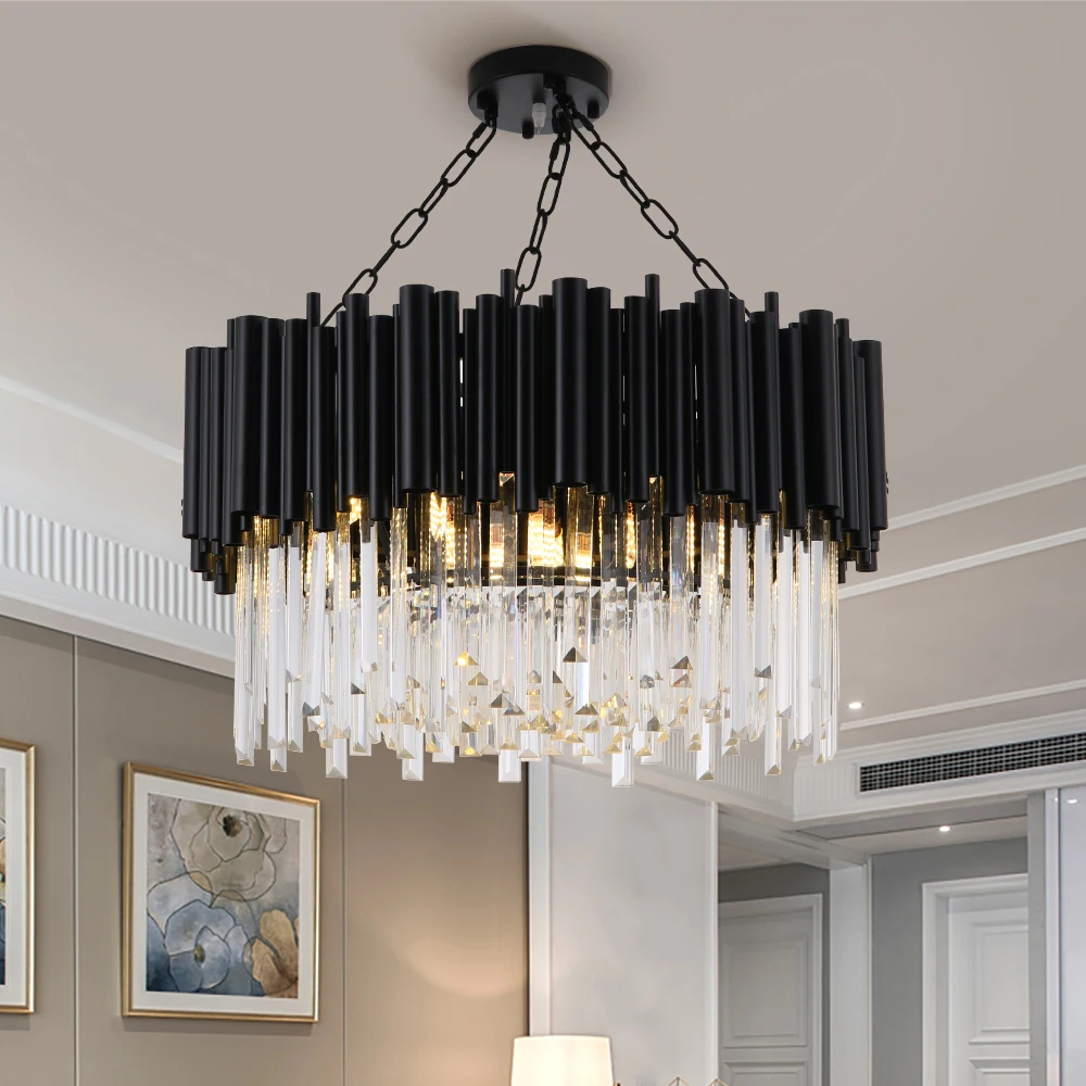 

Black Modern Chandelier Lighting For Living Room Luxury Round Crystal Lamp Home Decoration Chain Led Cristal Light Fixtures
