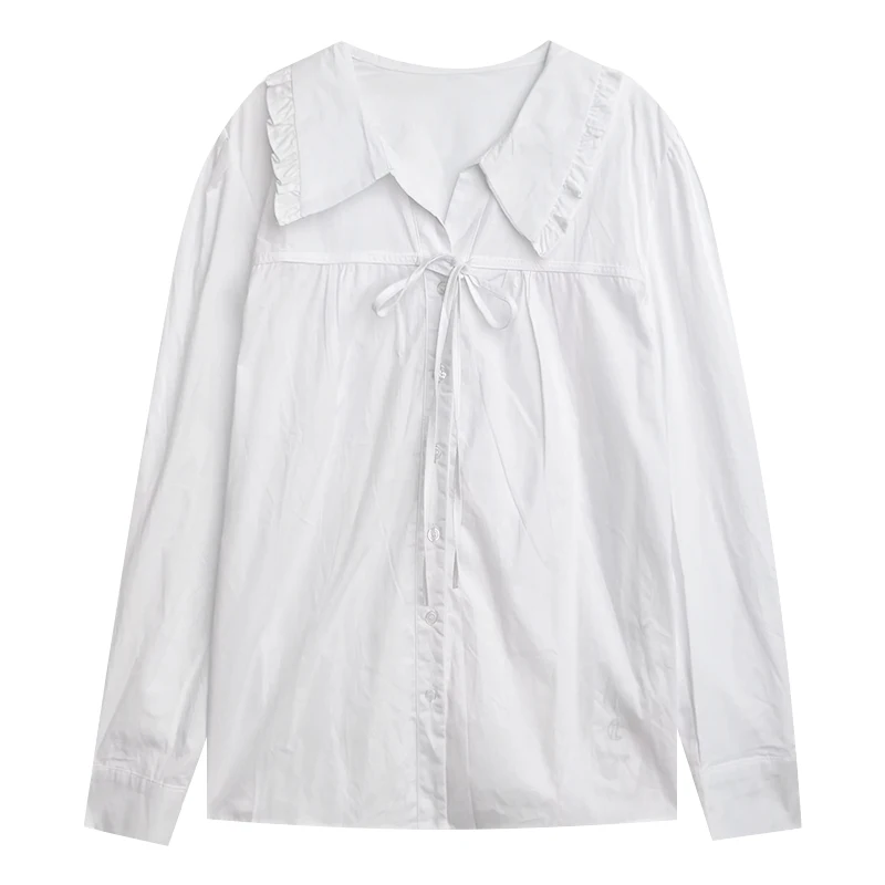 

Однобортная хлопковая белая рубашка с воротником милой куклы и бантом