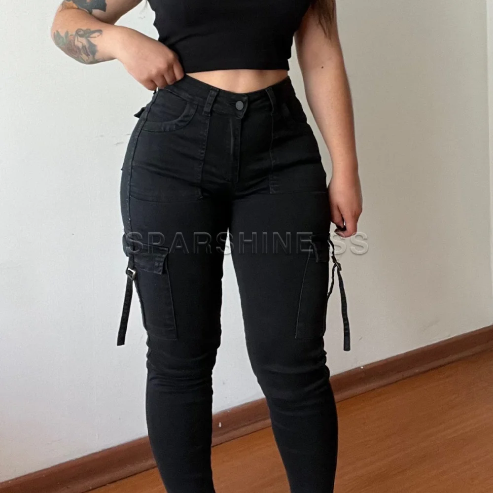 Брюки-карго Y2K женские стрейчевые черные брюки-стрейч Модная Джинсовая одежда с
