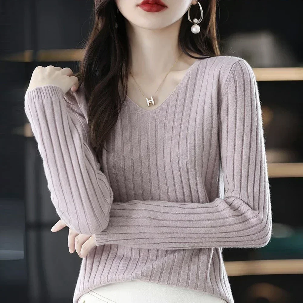 Свитер с длинными рукавами и v-образным вырезом женский трикотаж M-2XL футболка