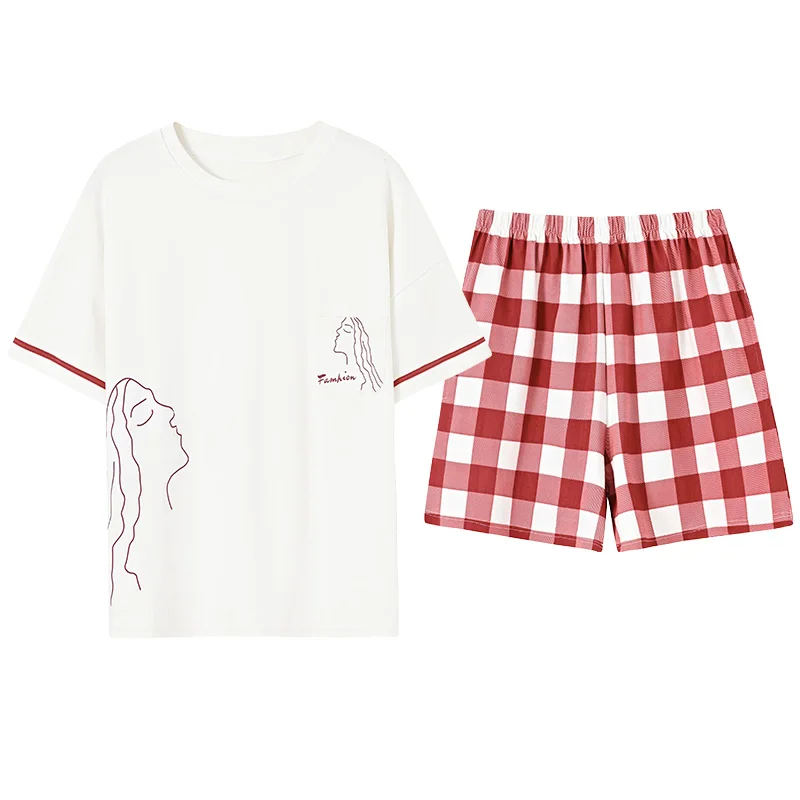 

Летняя трикотажная Хлопковая женская домашняя одежда с коротким рукавом и круглым вырезом, Женский пижамный комплект, повседневная мягкая ...