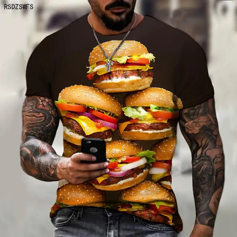 

Men's Shirts Hamburgers Beer Fried Chicken 3D Printing Printing Crew Neck T-shirts High-quality Clothing Street Fashion Men 5XL