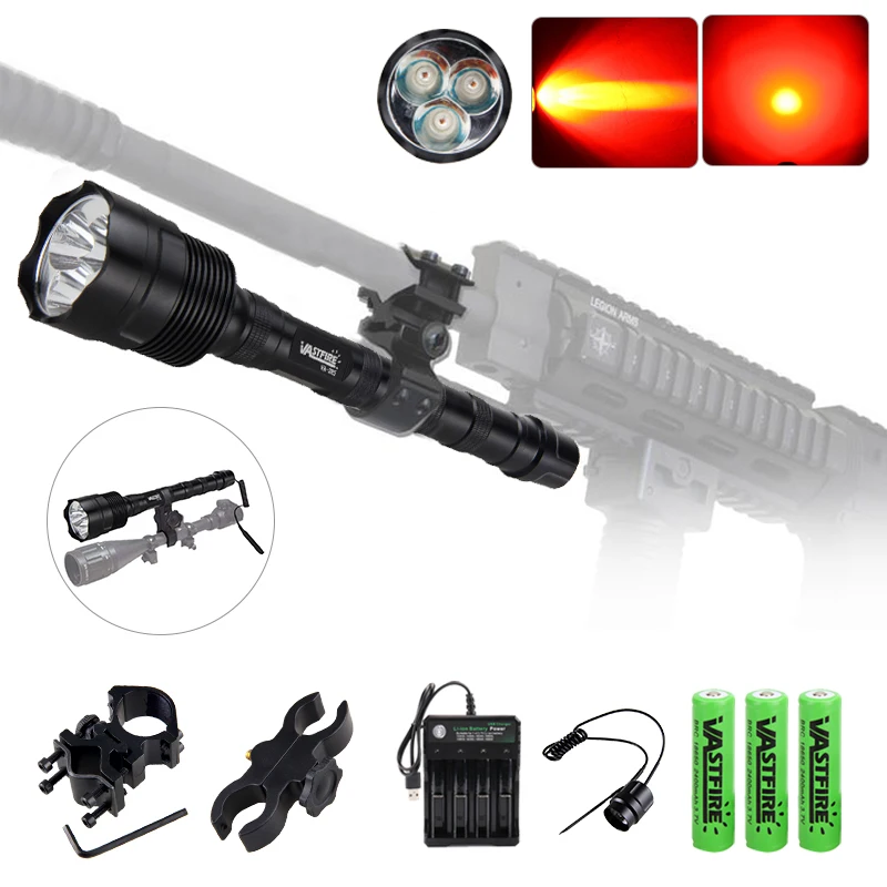 500 Yard 3XLED Green/Red/White Ligh LED Flashlight 3800LM Rechargeable Hunting Torch+Remote Switch+Gun Mount+18650+USB Charger images - 6
