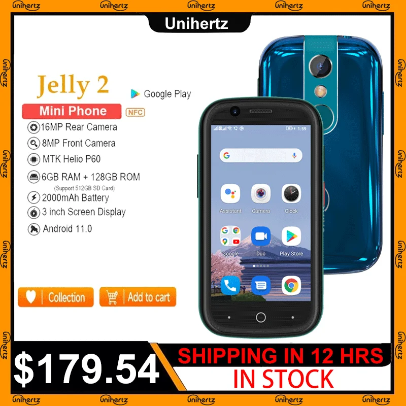 Unihertz Jelly 2 Mini Phone Pocket Android 11 Helio P60 Octa Core 4G LTE Dual-SIM Unlocked Smartphone 6GB+128GB NFC Cellphone