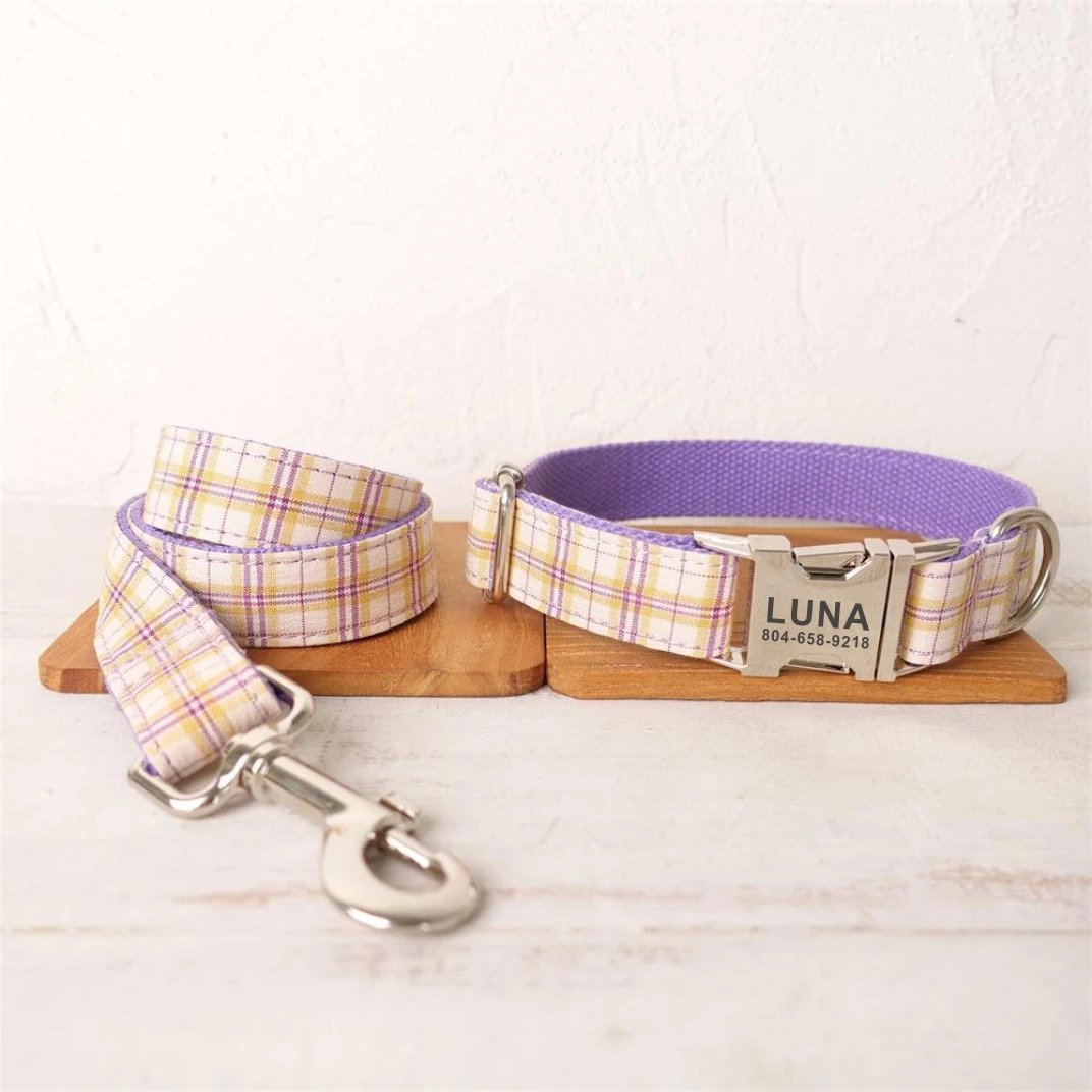 Personalized Dog Collar Custom Pet Collar Free Engraving ID Name Tag Pet Accessory Orange Purple Plaid Puppy Collar Leash Set