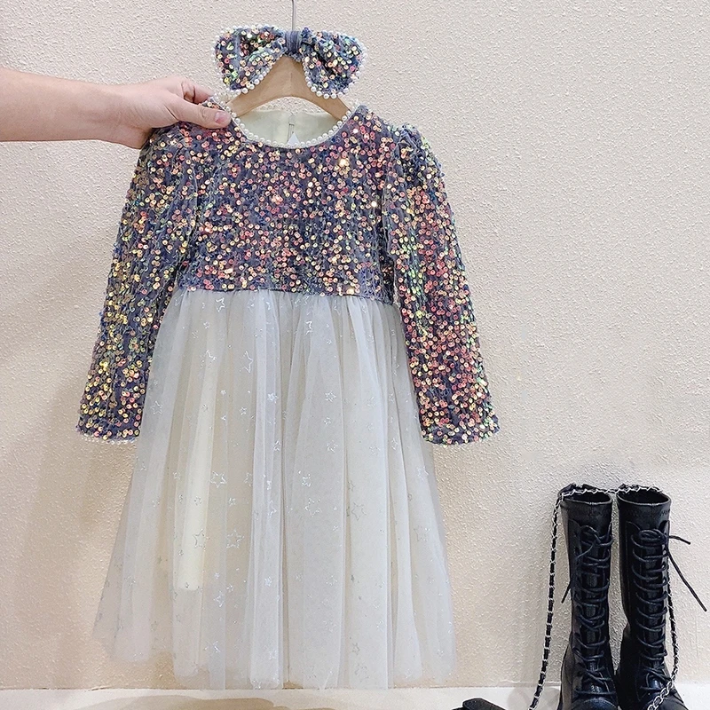 

Girls Birthday Wedding Dresses Autumn Winter Plush Warm Princess Dress Pearl O-neck Sequins Casual Skirt 3-9 Y vestidos Clothes