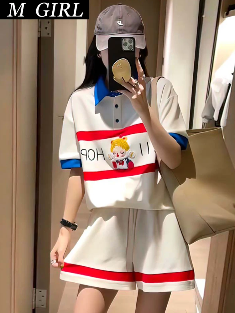 

M GIRLS Short Sleeved Fashion Sports Suit Women Streetwear 2023 Summer New Cartoon Polo Neck Tops Shorts Oversized 2 Piece Sets