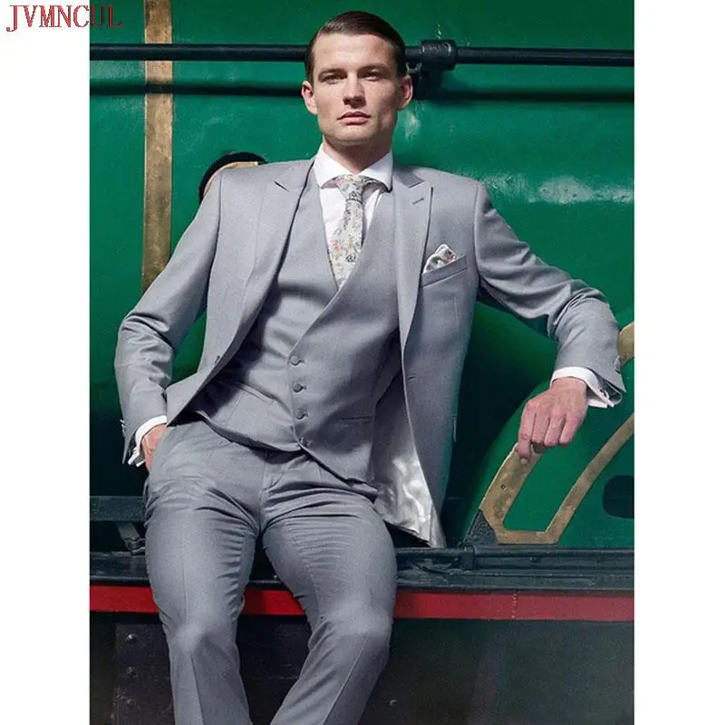 

Grey Mens Wedding Suits New Costume Homme Peak Lapel Men Groom Suits Clothes one Button Terno Masculino (Jacket+pants+Vest+tie)