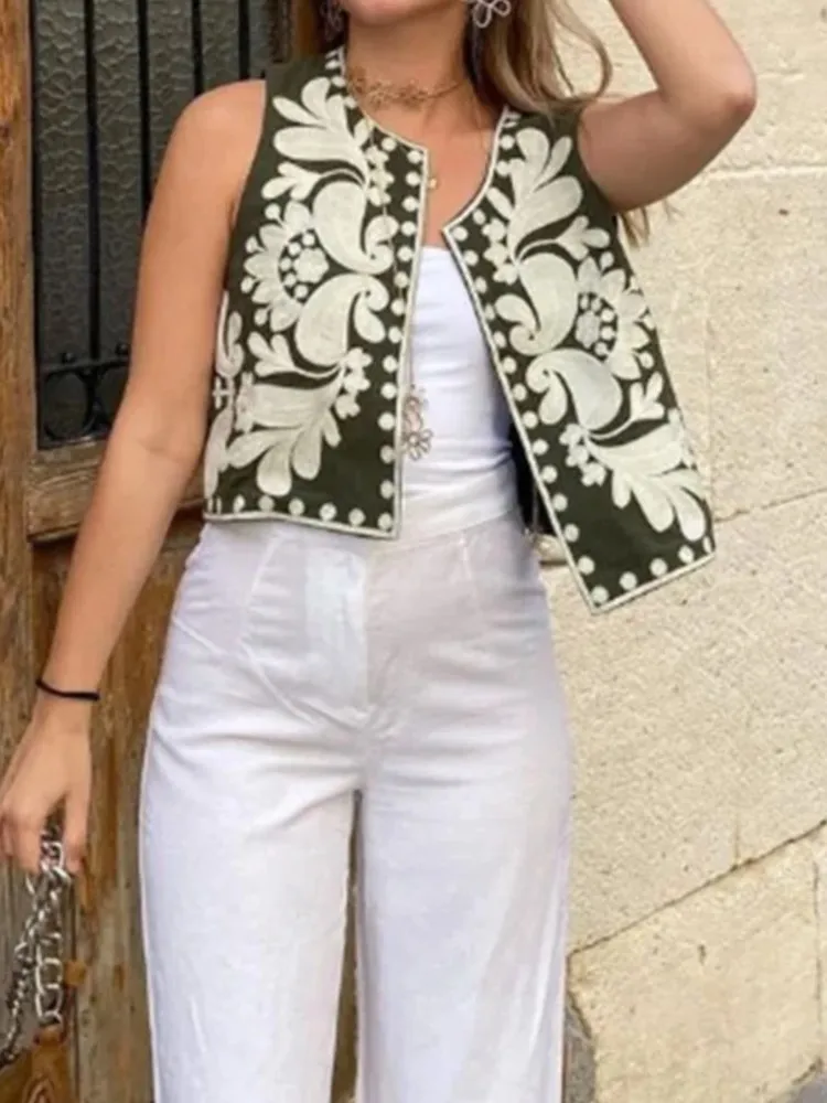 

RDMQ 2023 Floral Embroidery Printed Cardigan Vest Jacket Women Sleeveless Cropped Waistcoats Summer Elegant Cotton Linen Tops