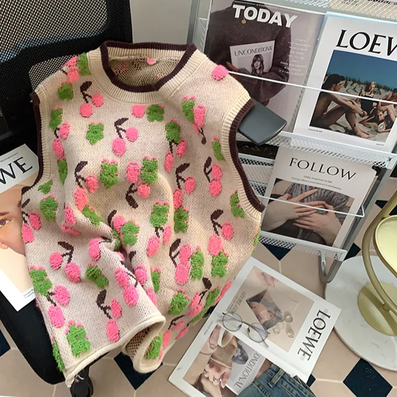 

High Quality Autumn Winter Sweater Vest Pullover Cherry Pattern Sleeveless Sweaters O Neck Women Knitted Jumpers Sweater Top