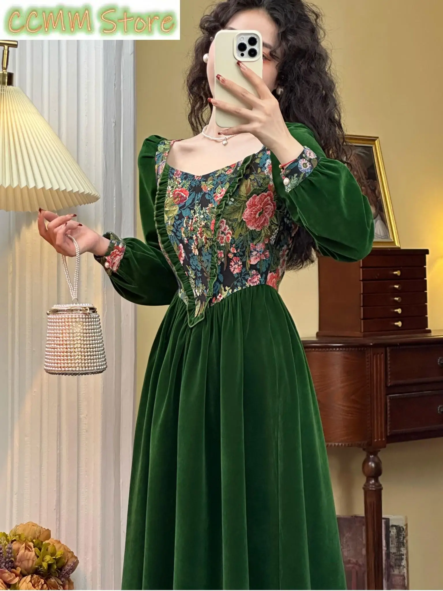 Винтажное французское зеленое бархатное платье с цветочным рисунком для женщин