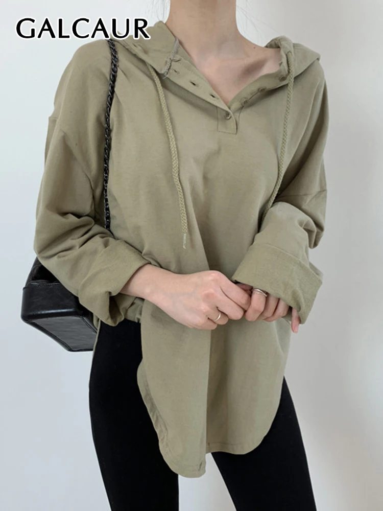

GALCAUR Drawstring T Shirt For Women Hooded Collar Long Sleeve Solid Minimalist Casual T Shirts Female Autumn Clothing New 2022
