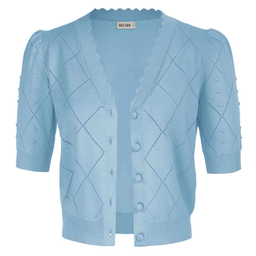 

GK Women Cardigan Sweater Solid Ribbed Cuff 1/2 Sleeve V-Neck Button-Up Elegant Knitwear Korean Crochet crop Tops Blouse