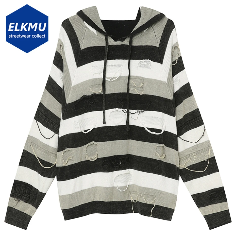 

Striped Hooded Sweater Ripped Distressed Fashion Loose Pullover Knitted Sweaters Men Harajuku Oversized Hip Hop Sweater Jumper