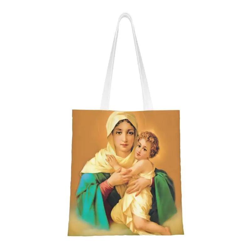 

Funny Our Lady Of Schoenstatt Shopping Tote Bag Reusable Virgin Mary Catholic Saint Canvas Groceries Shoulder Shopper Bag