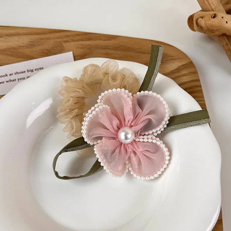 

New Chiffon Flower Pearl Bow Pleated Hair Ring Ladies Ponytail Hair Band Elastic Hair Rope Fashion Headwear Hair Accessories
