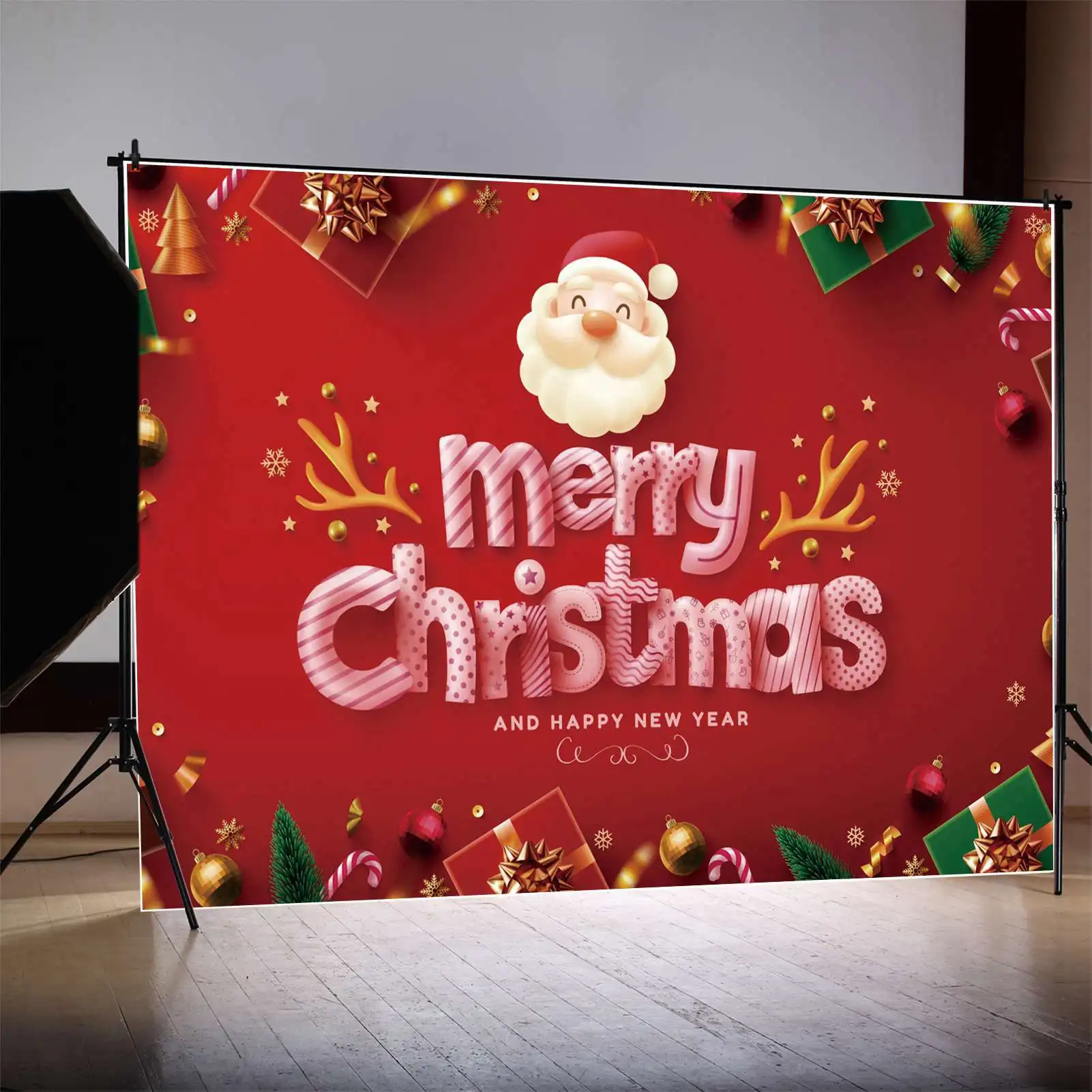

MOON.QG Backdrop Red Merry Christmas Banner Santa Claus Reindeer Party Decor Background Baby Golden Gift Snowflake Photo Booth