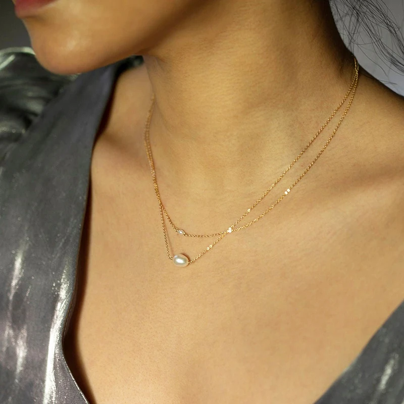 

Double Layer Baroque Pearl Pendant Necklace 14K Gold Filled Handmade Choker Boho Collier Femme Collares Women Jewelry Necklace