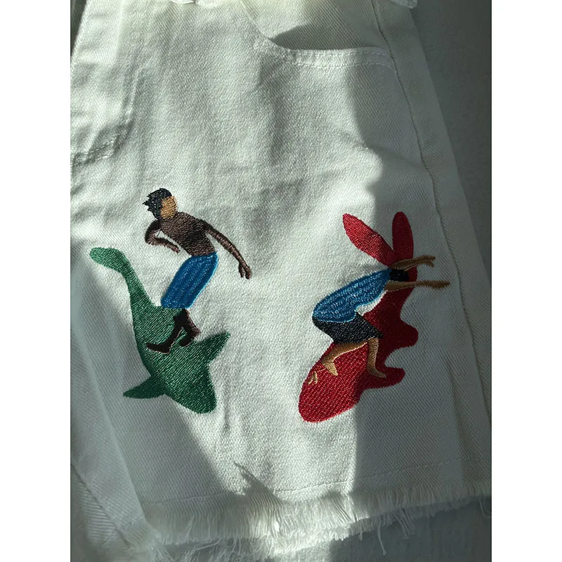 Women Embroidered Vintage High Waist White Short 2023 Summer Vacation Beach Wear