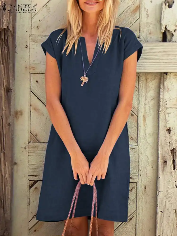 Модный летний сарафан ZANZEA женское платье с V-образным вырезом и коротким рукавом