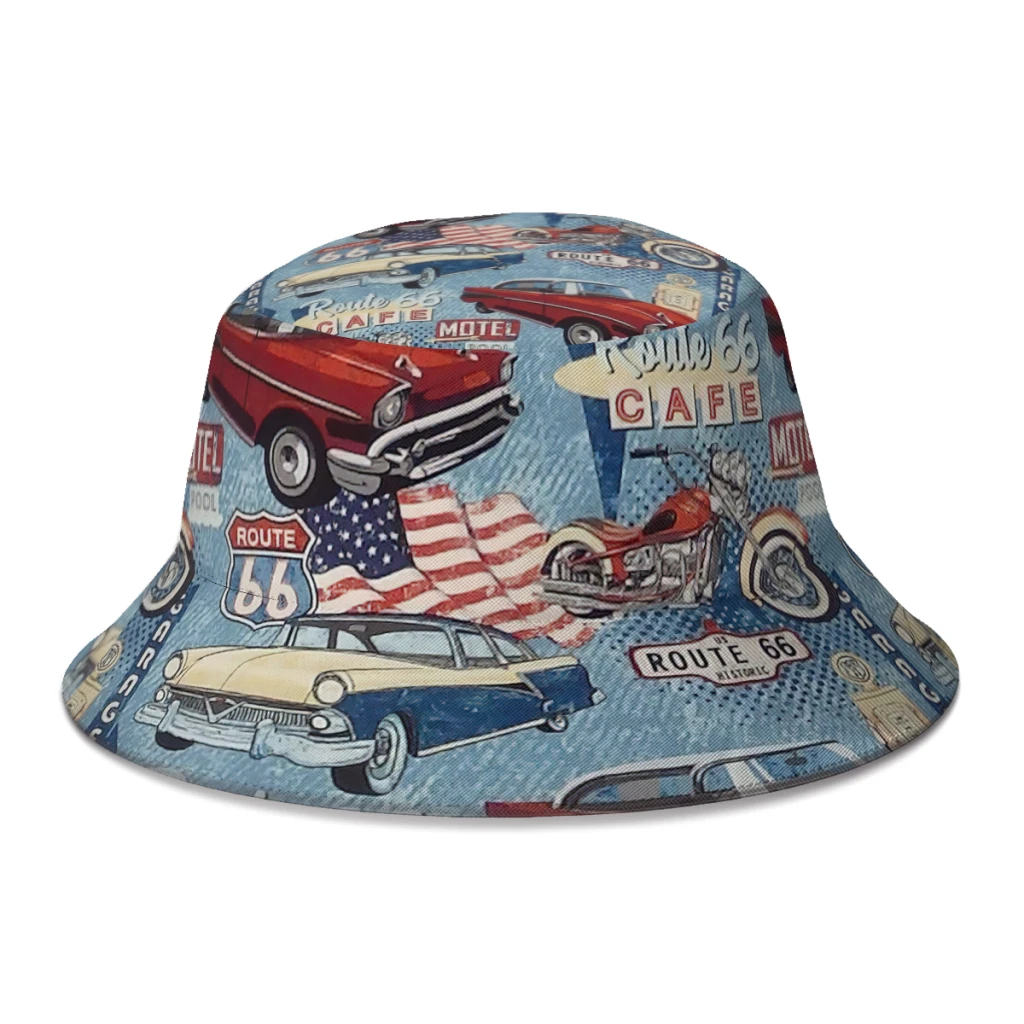 

Autumn USA Route 66 Bucket Hat for Boy Girl Foldable Cars Cycles Fisherman Hats Fishing Bob Femme Gorro