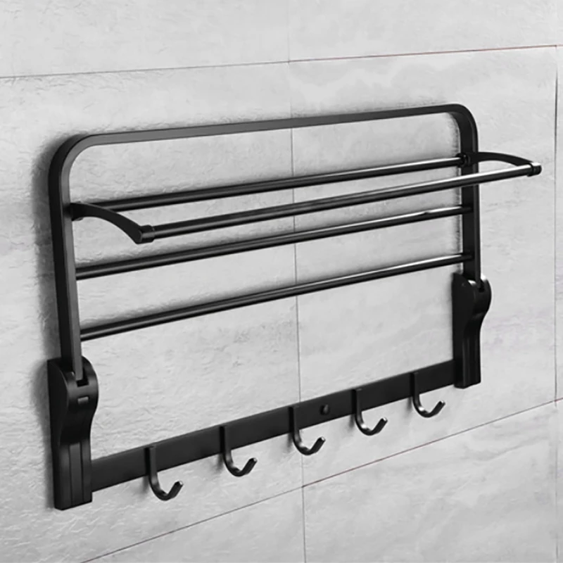 

Bathroom Towel Rack Shelf With Hooks Folding Movable Bath Towel Bars Stainless Steel Holder Bathroom Accessories