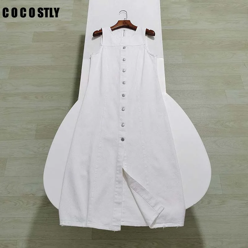 

Женское джинсовое платье-майка без рукавов, прямое платье средней длины с декоративной отделкой и круглым вырезом, лето 2023