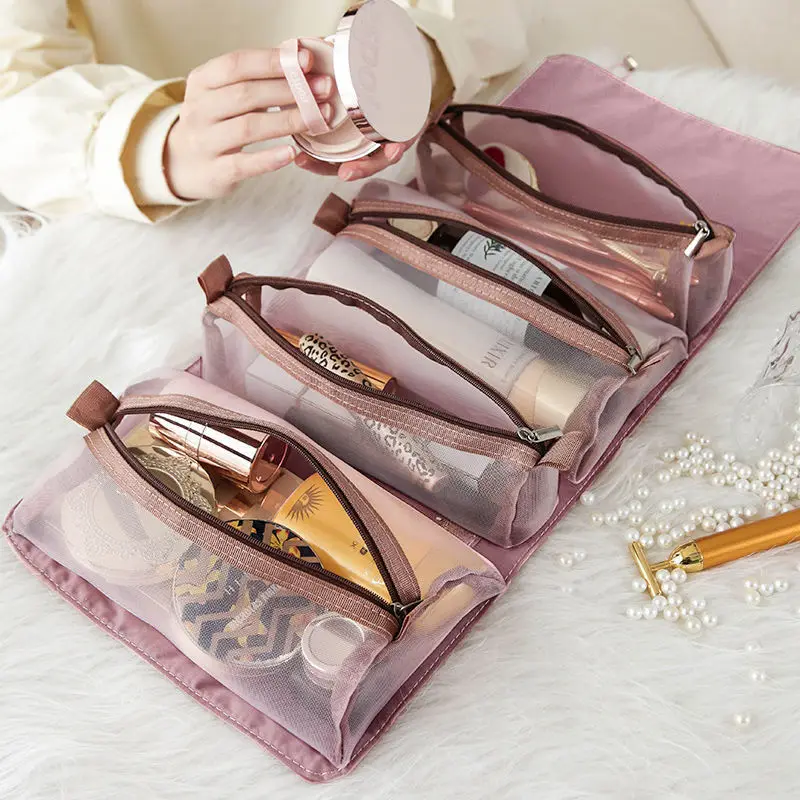 4PCS In 1 Cosmetic Bag for Women Zipper Mesh Separable Cosmetics Pouch Ladies Foldable Nylon Bag Rope Makeup Bag Storage Bag