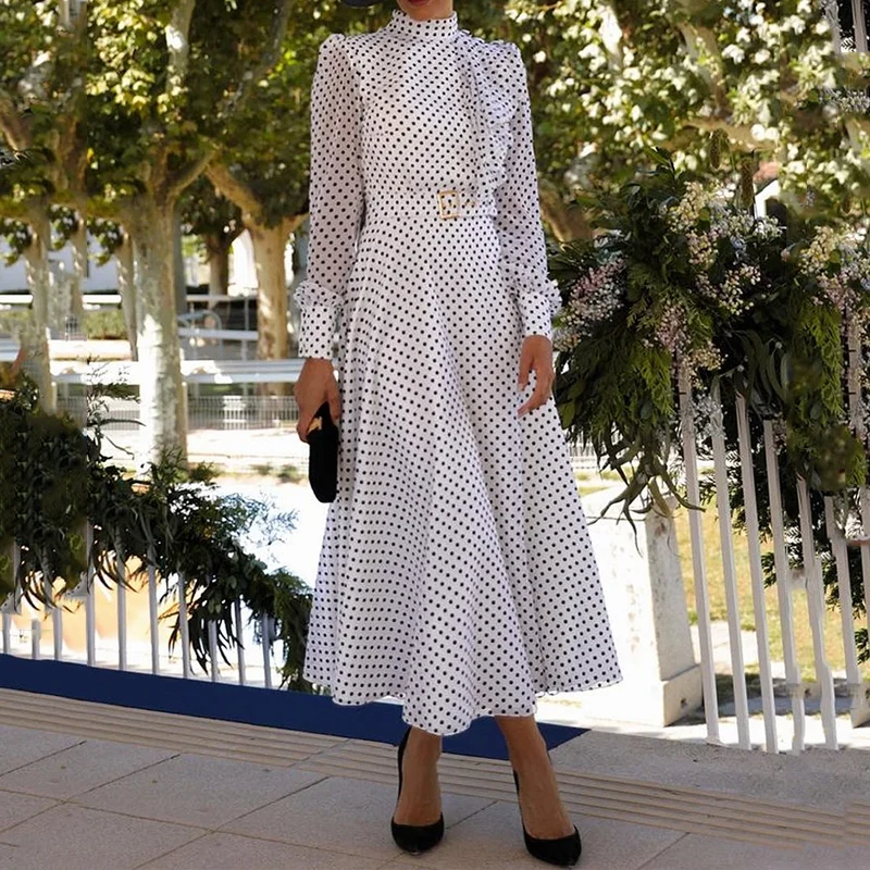 

Женское длинное платье Ellafads, Осеннее элегантное платье в горошек с рукавами-фонариками и заниженной талией, облегающее асимметричное платье с круглым вырезом и поясом