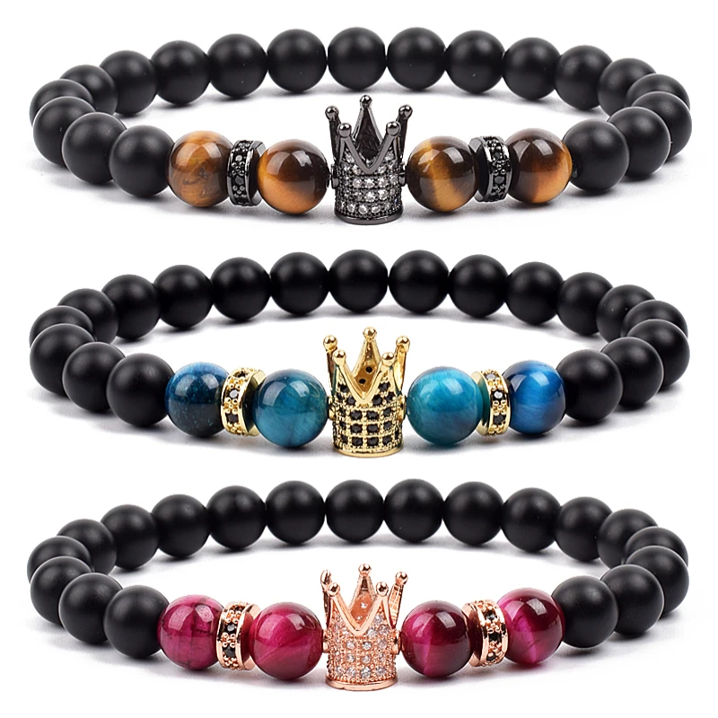 

Fashion Tiger Eye Crown Charm Bracelet Black Stone Beads Handmade Bracelets On Hand Wrist Accessories Men Stretch Bangle Jewelry