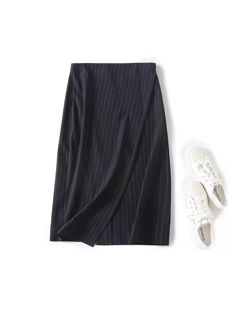 

Women 2023 Winter New Fashion Front Vent Wild Stripes Midi Skirt Vintage High Waist Button Female Skirts Mujer