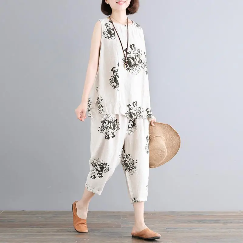 

Винтажный летний повседневный комплект из двух предметов, футболка без рукавов и свободные женские топы, женские брюки-султанки Q449, 2023