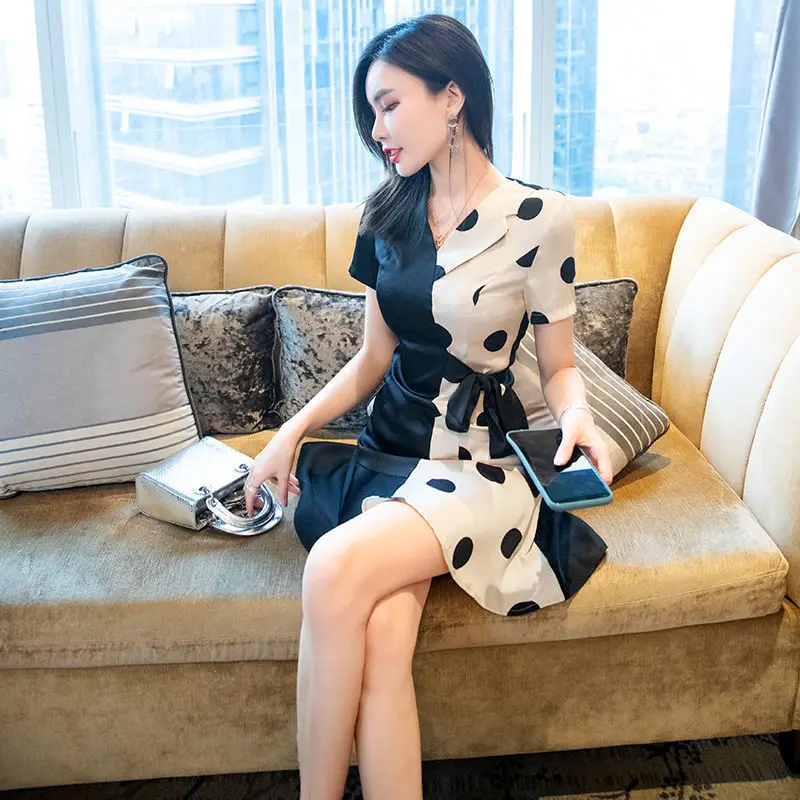 

2022 Women's Summer Retro Polka Dot Patchwork Dress Female Short Sleeve A-line Dresses Ladies V-neck Irregular Vestidos V13