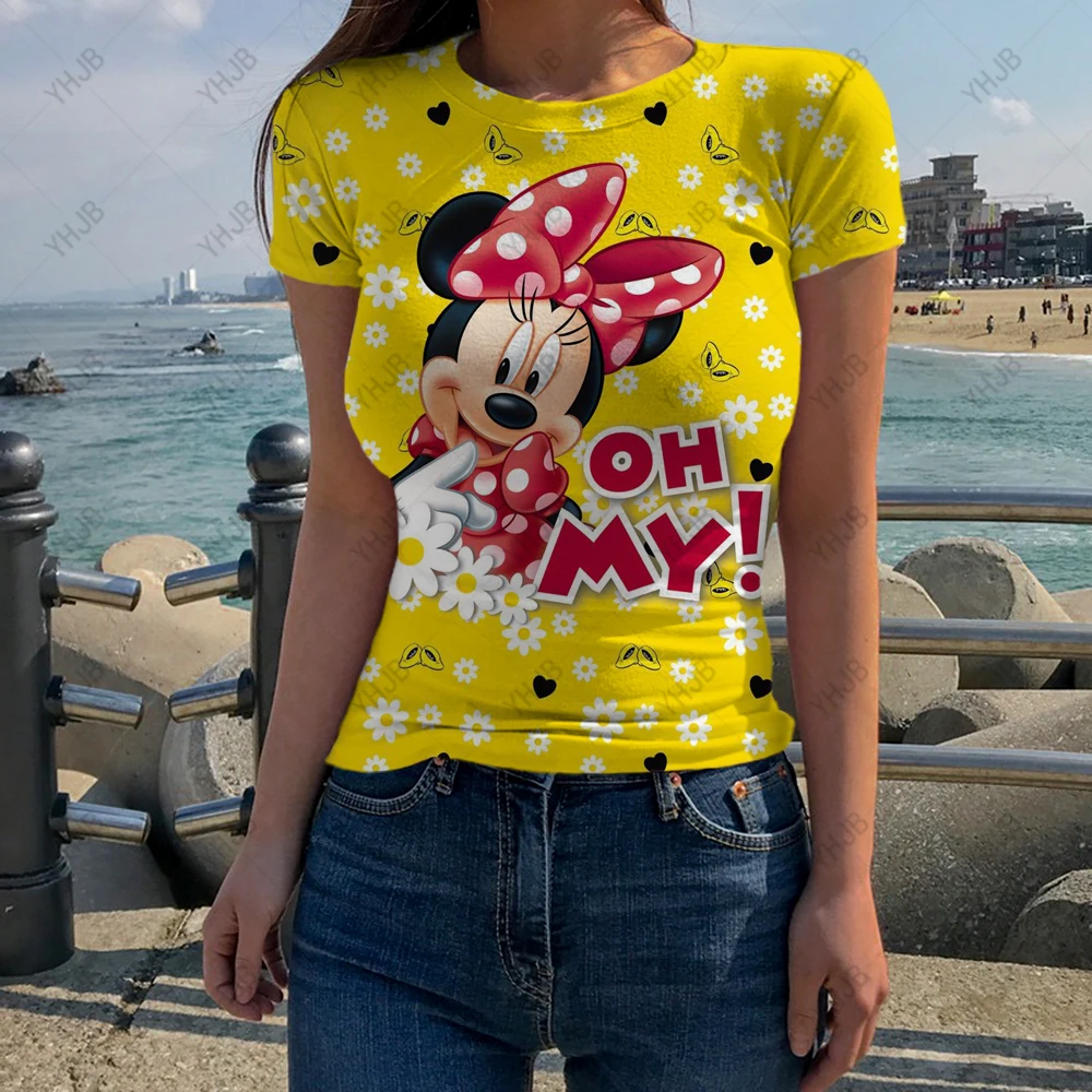 

Y2K Women Baby Tee Streetwear Disney Minnie Mickey Mouse Print Summer Casual Trash Basic Goth White Slim T-Shirt