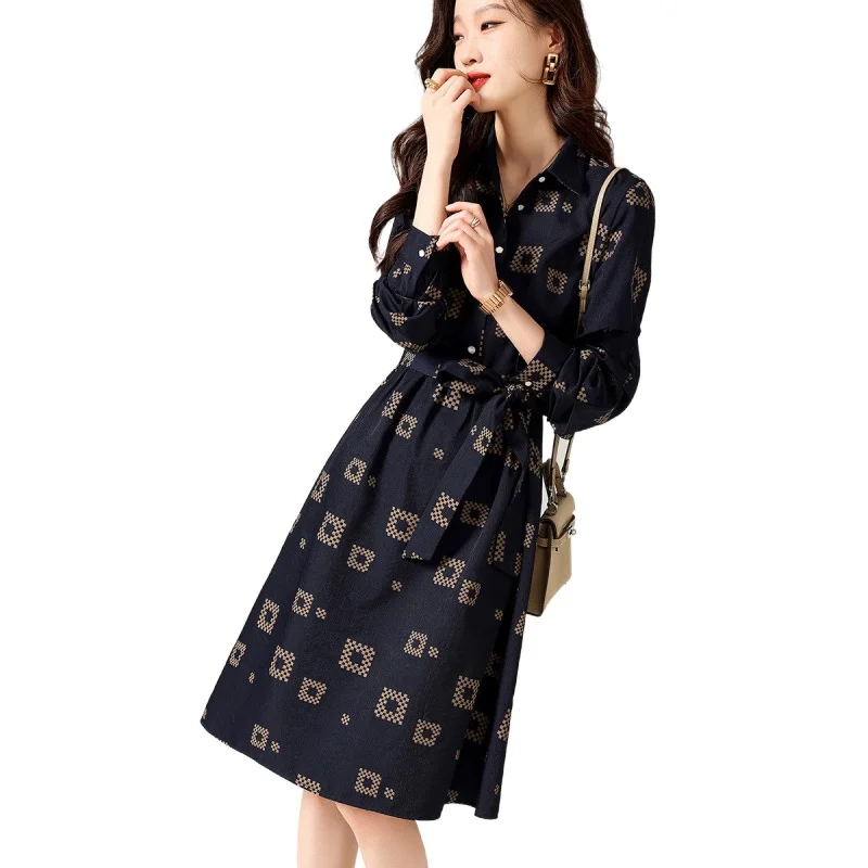 

Simgent Autumn Dress 2022 Women Long Sleeve Turn Down Collar Print Fashion Knee Length Elegant Dresses Robe Femme Jurk SG282910