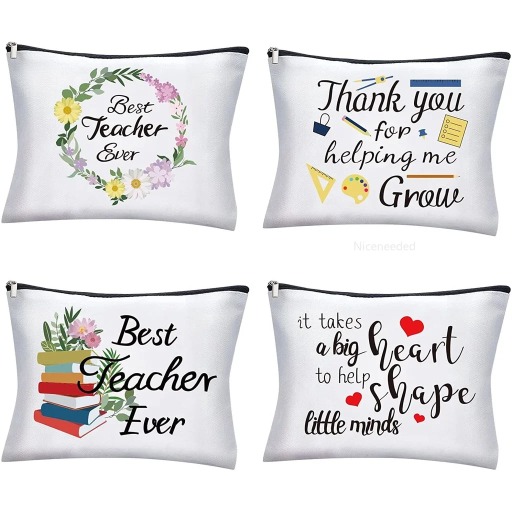 

4 Pcs Teacher Theme Makeup Bag with Different Pattern 9x7 Inch Cosmetic Zipper Pouch for Purse Organizer Practitioner