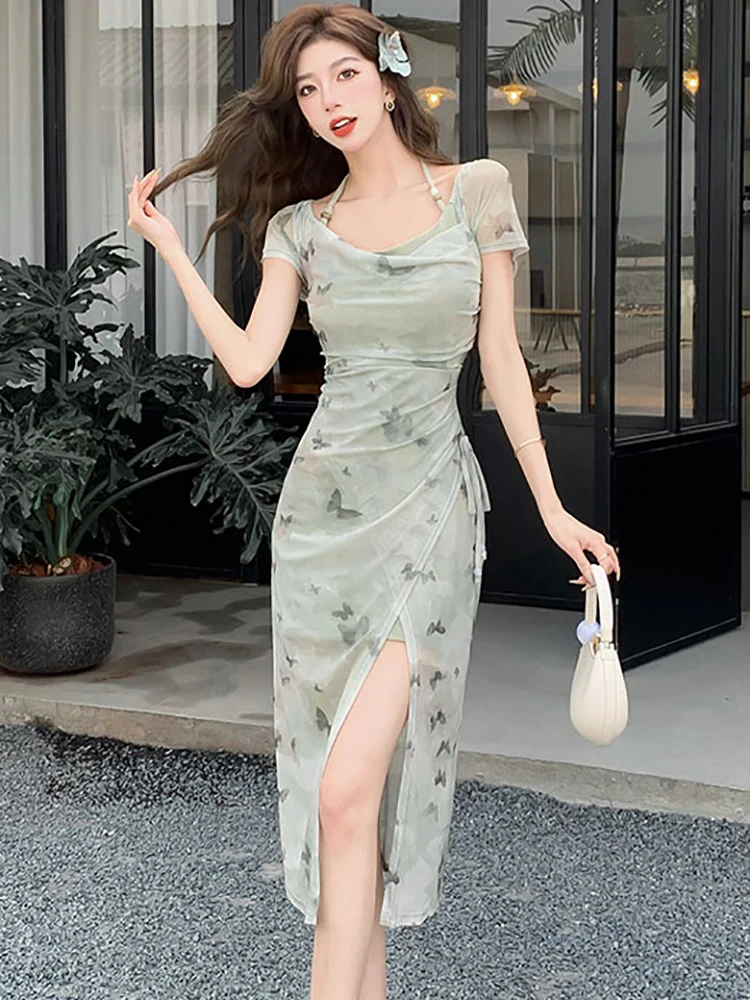 Женское длинное пляжное платье с принтом элегантное облегающее в Корейском