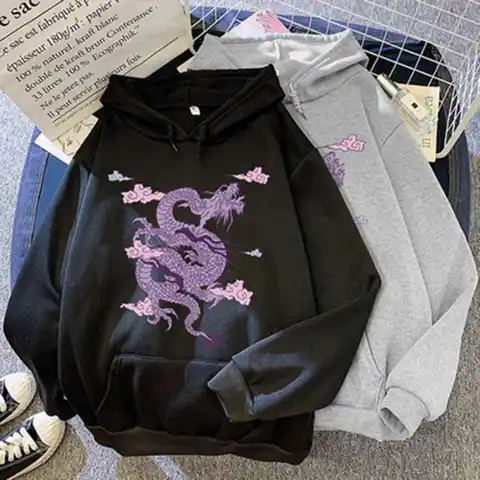 Women Men Hoodie Hooded Hat Long Sleeves Dragon Print Loose Keep Warm Pullover Unisex Spring Hoodie Adult Female Male Clothing