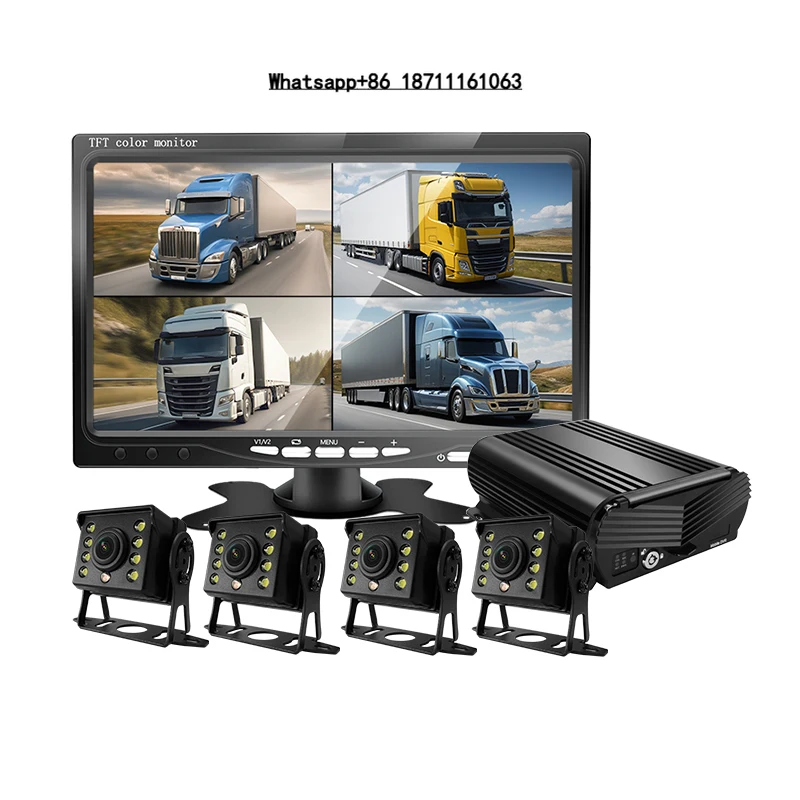 Фото Комплект MDVR с 4/8 каналами, 4G и Wi-Fi для удаленного управления автопарком грузовиков, 7-дюймовый экран с 4 водонепроницаемыми камерами для видеорегистратора №1