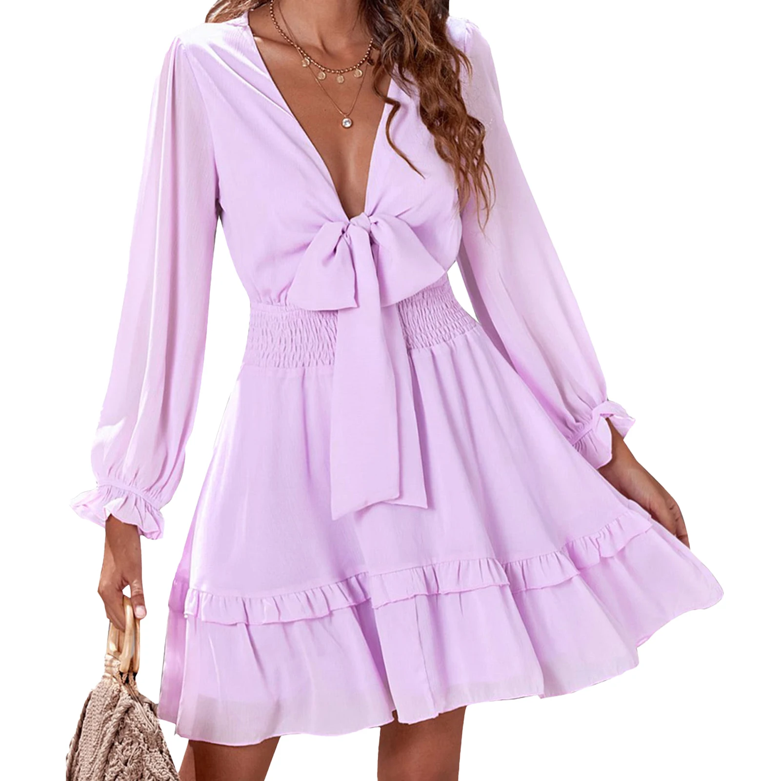 

Women Sexy Ruffle Tiered Long Sleeve Elegant Fashion Mini Dress Deep V Neck Solid Holiday Summer Daily Knotted High Waist