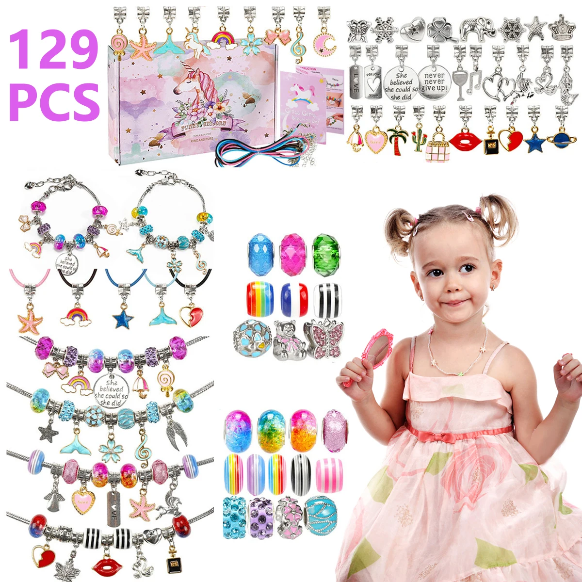 

129Pcs Bracelet Making Kit Charm Jewelry Making Kit with Colored and Metal Spacer Beads Pendants Bracelets Necklace Cord Durable