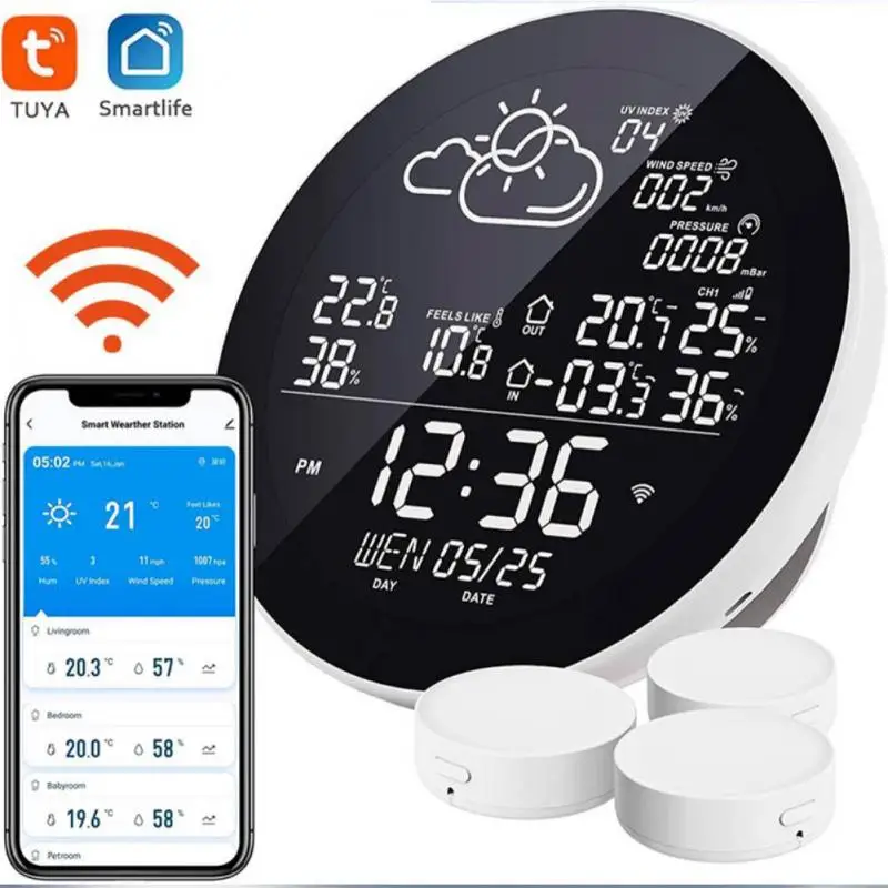 

Метеостанция TUYA с Wi-Fi и цифровым дисплеем, умный термометр с будильником и часами, беспроводной Измеритель температуры и влажности