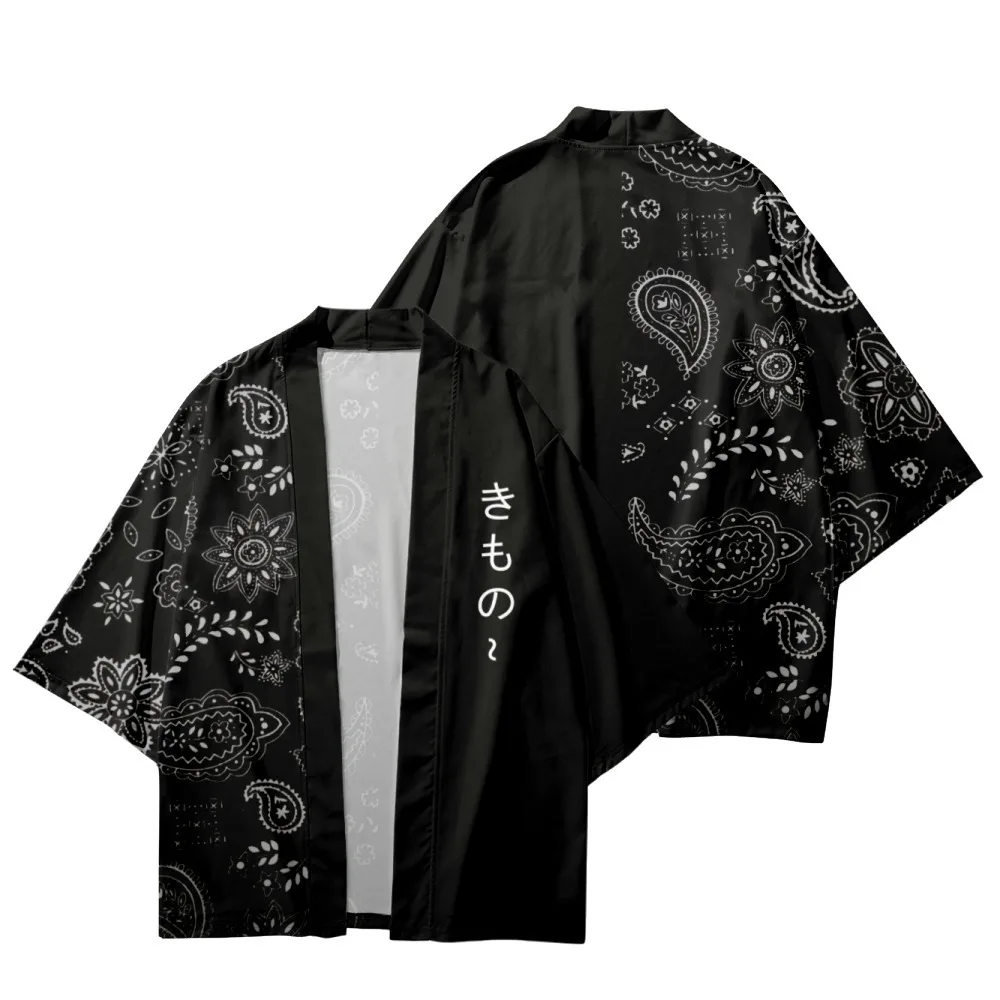 التقليدية كيمونو الرجال النساء يوكاتا الموضة اليابانية الكاجو الزهور طباعة القمصان السوداء سترة تأثيري ملابس الهوري