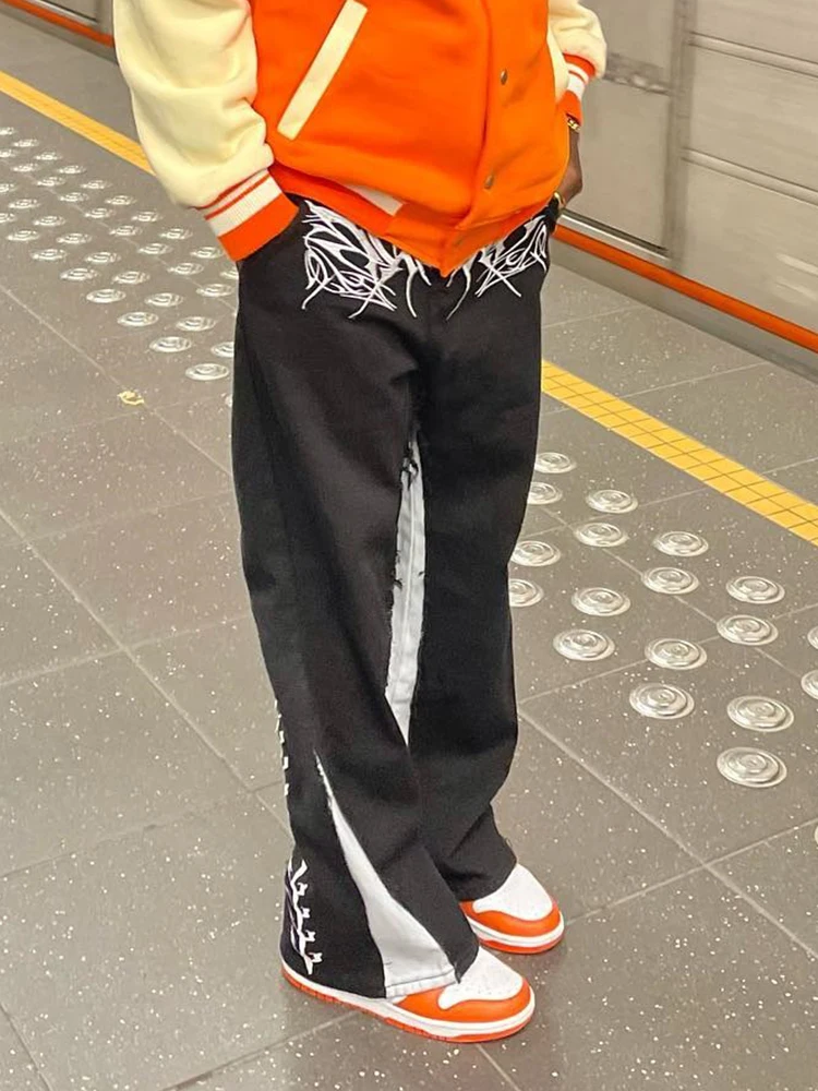 Men's Pants Punk Fashion Printed Loose Pantalones Hombre Patchwork Trousers Mid Waist Black Spliced Strap Straight Baggy Jeans